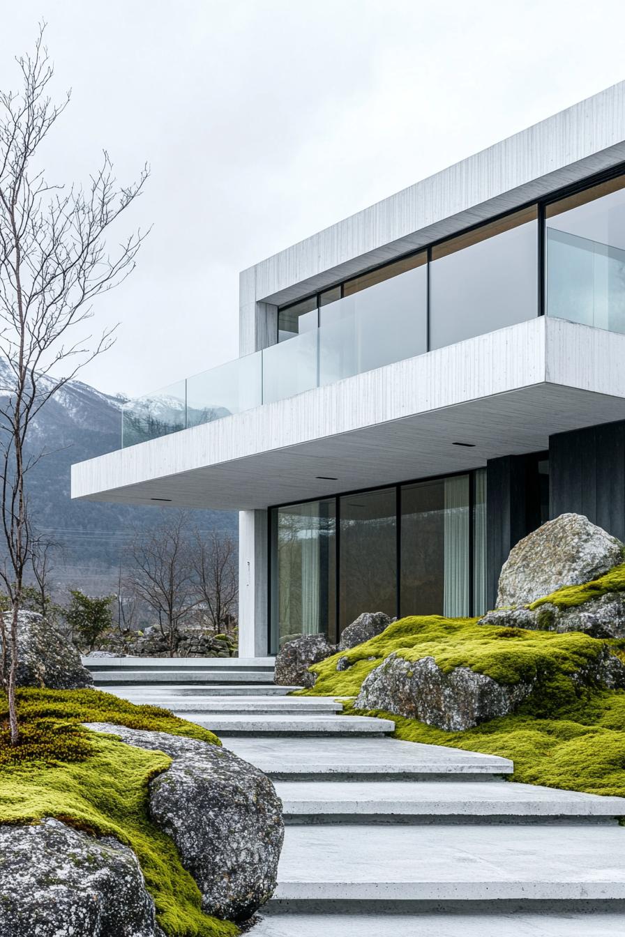 modern minimalist symmetrical white concrete house facade with glass walls front yard with mossy rocks Japanese mountains in the background 3