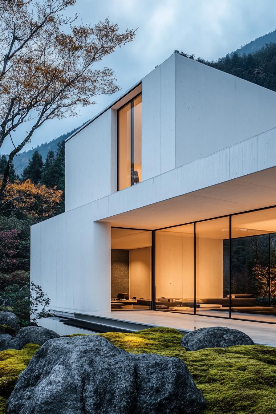 modern minimalist symmetrical white concrete house facade with glass walls front yard with mossy rocks Japanese mountains in the background