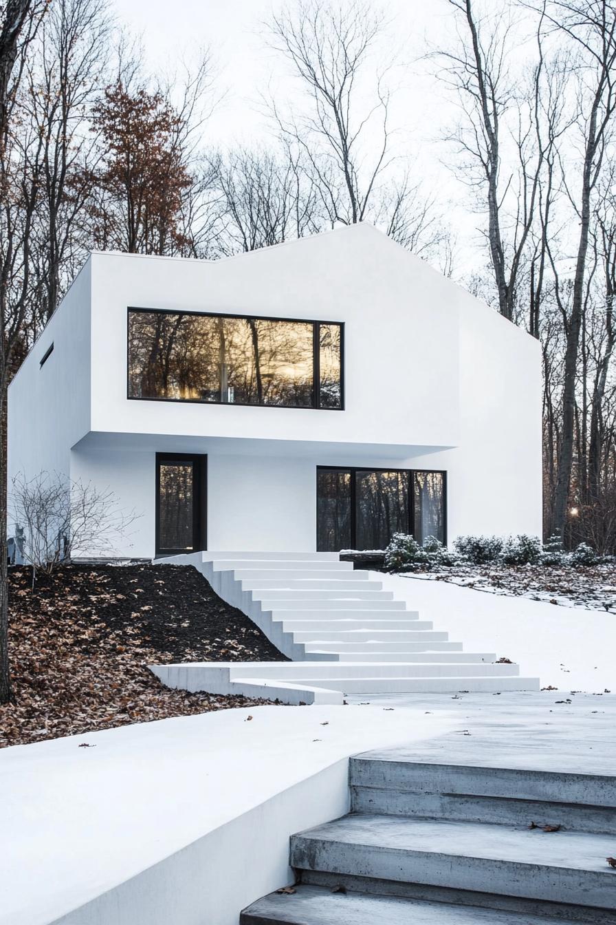 modern minimalist white geometric house by the woods