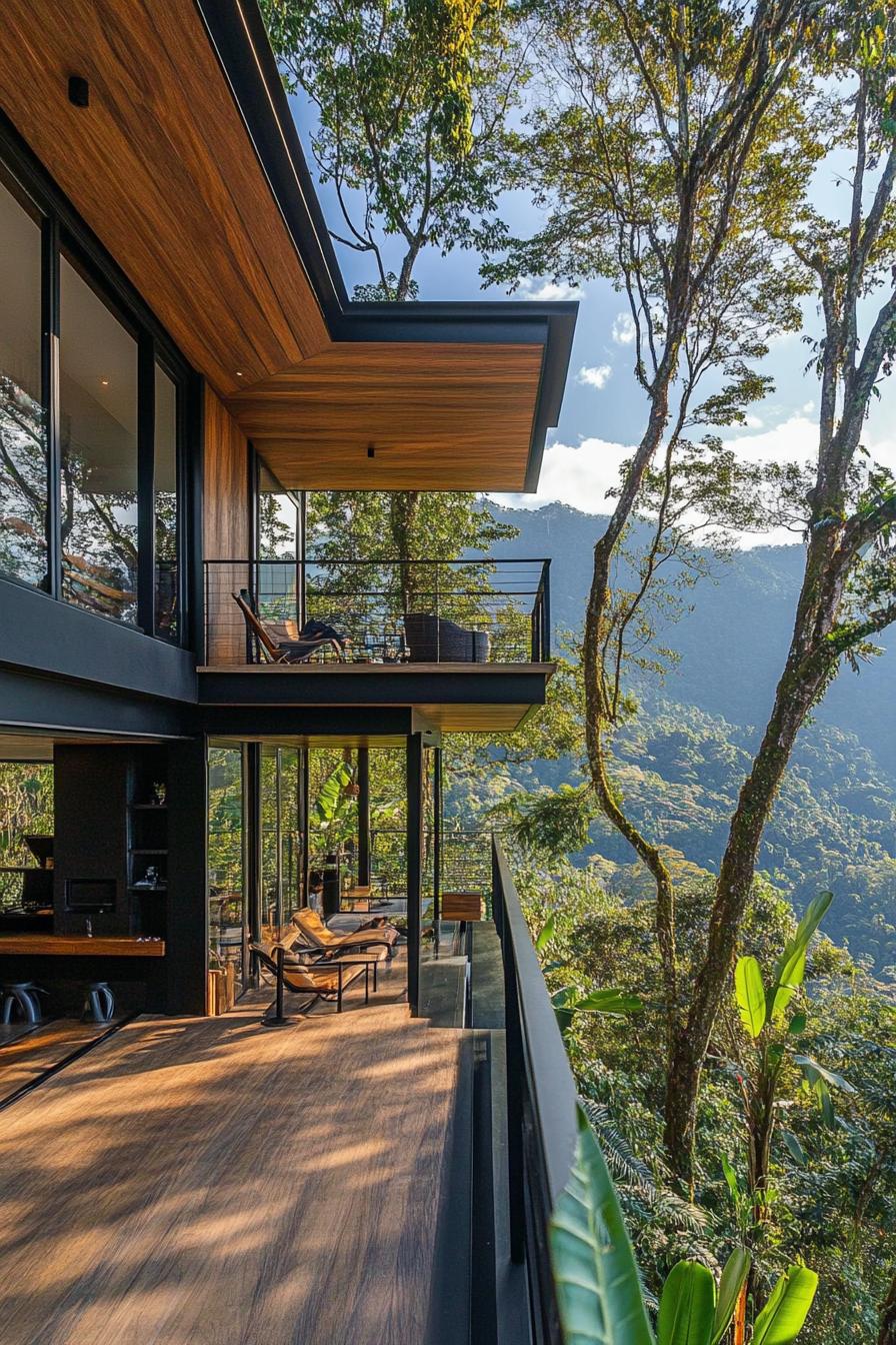 modern mountain house with black cladding with stunning tropical mountain views