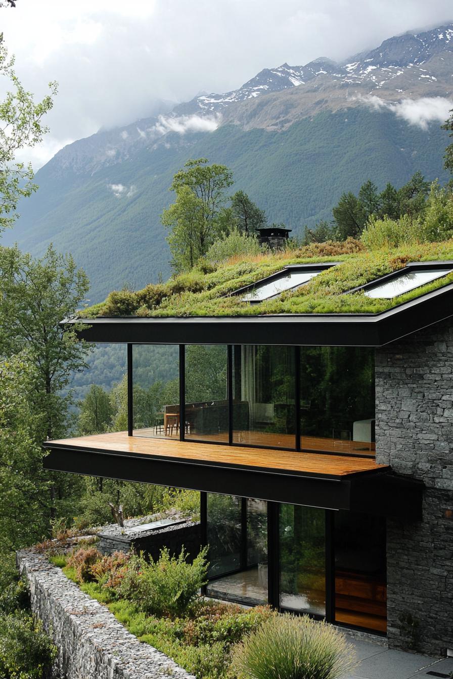 modern mountain villa green roof with skylights 1