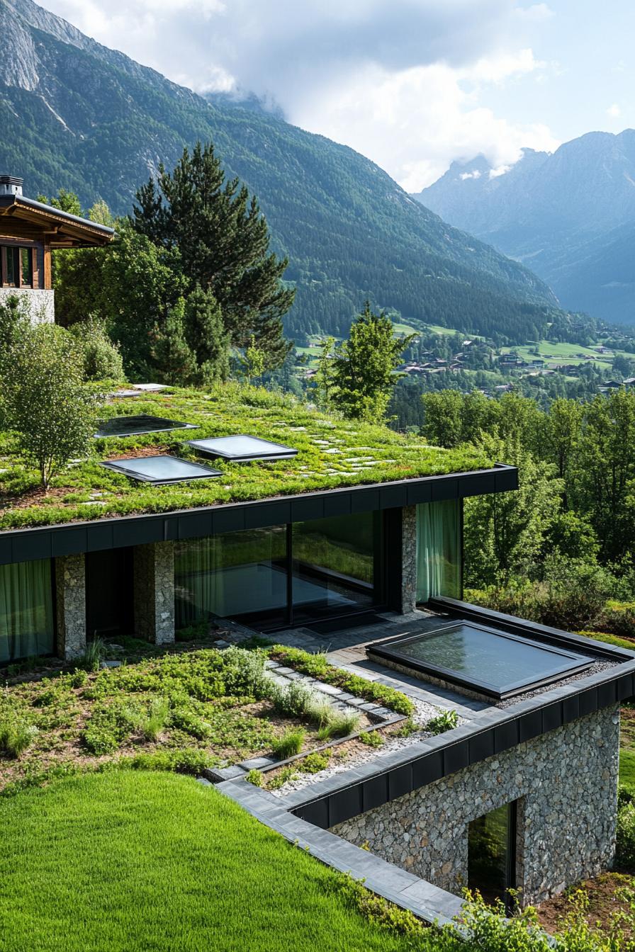 modern mountain villa green roof with skylights