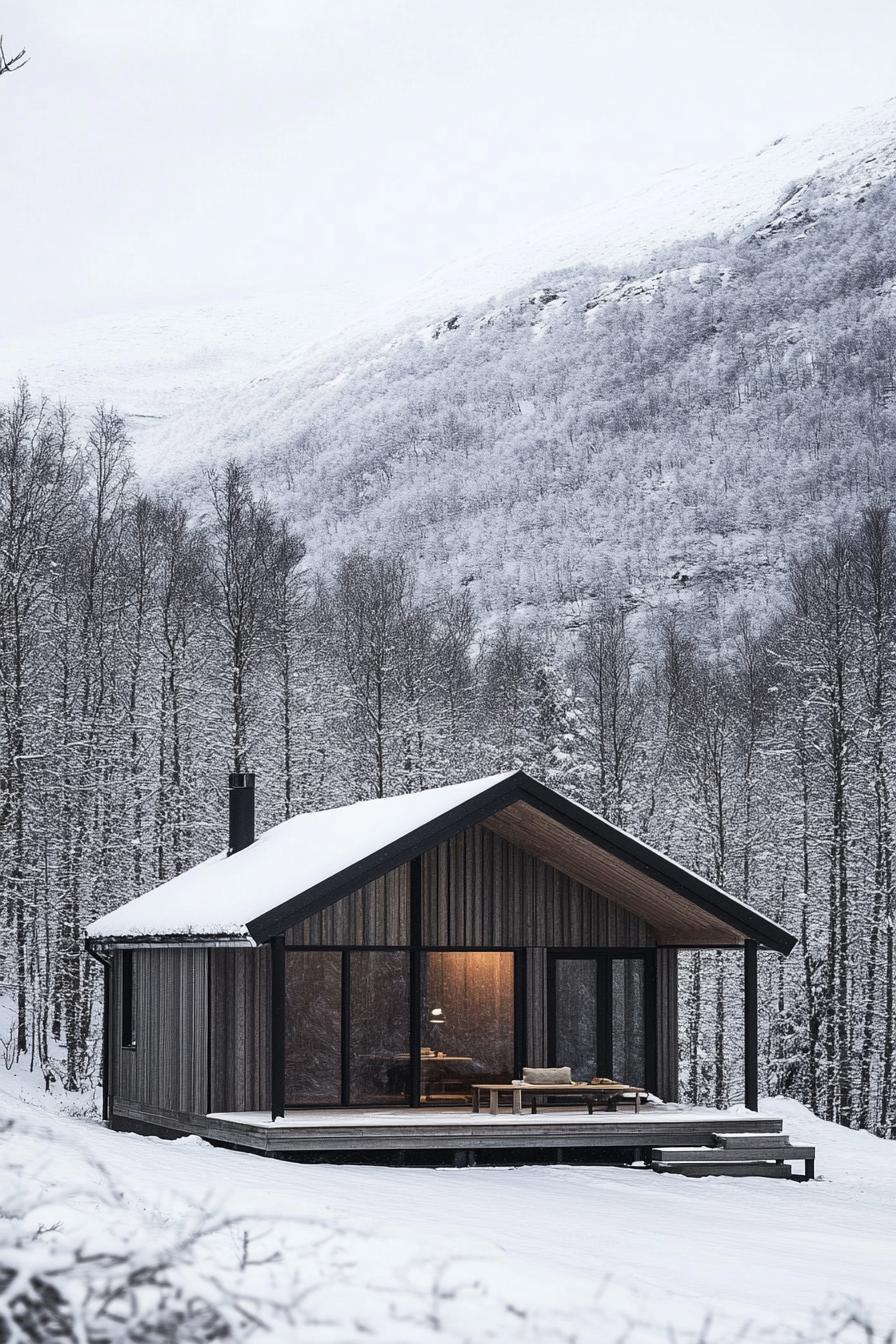 modern prefab Scandinavian minimalist cabin in stunning Scandinavian mountains