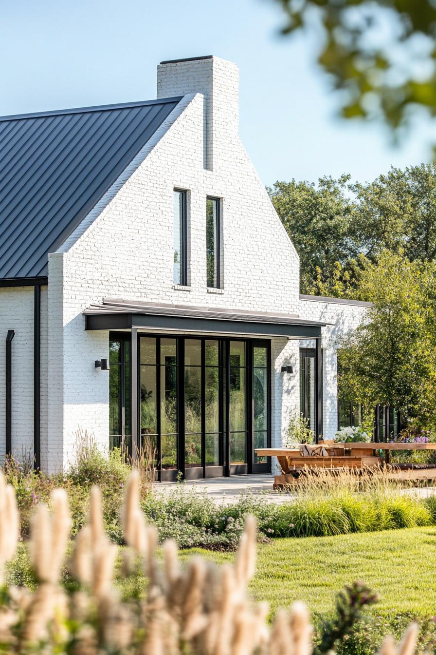 modern rural house facade with whitewashed brick and steel elements on a beautiful farm 1