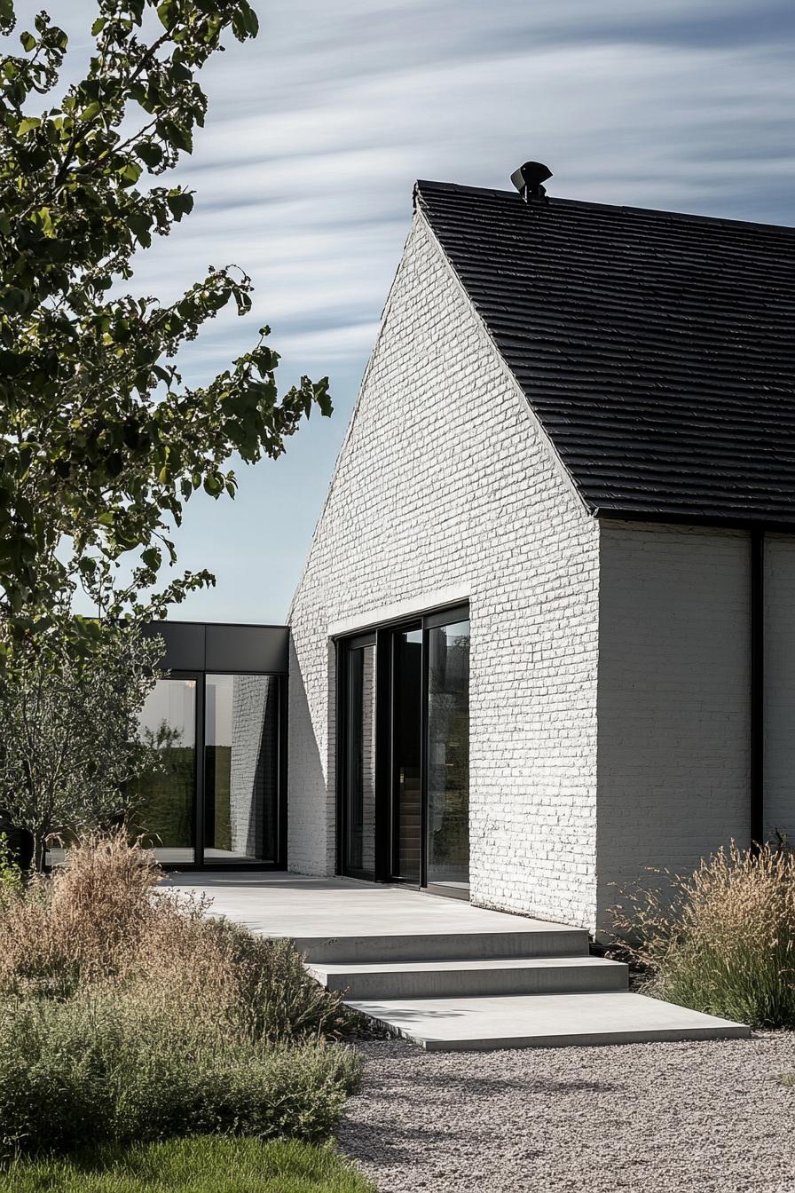 modern rural house facade with whitewashed brick and steel elements on a beautiful farm