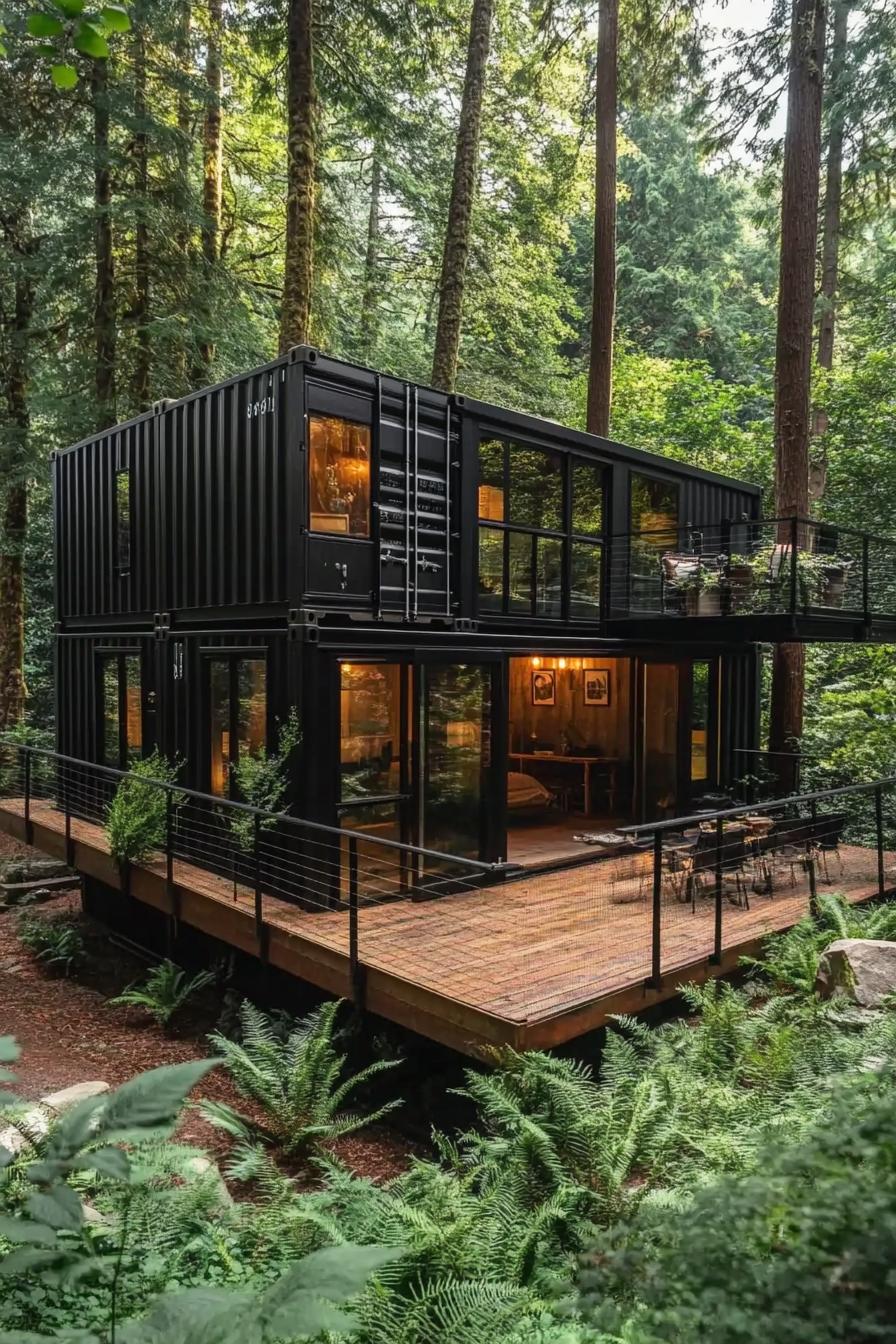 modern shipping container house with wraparound deck in the woods with lush forest views 1