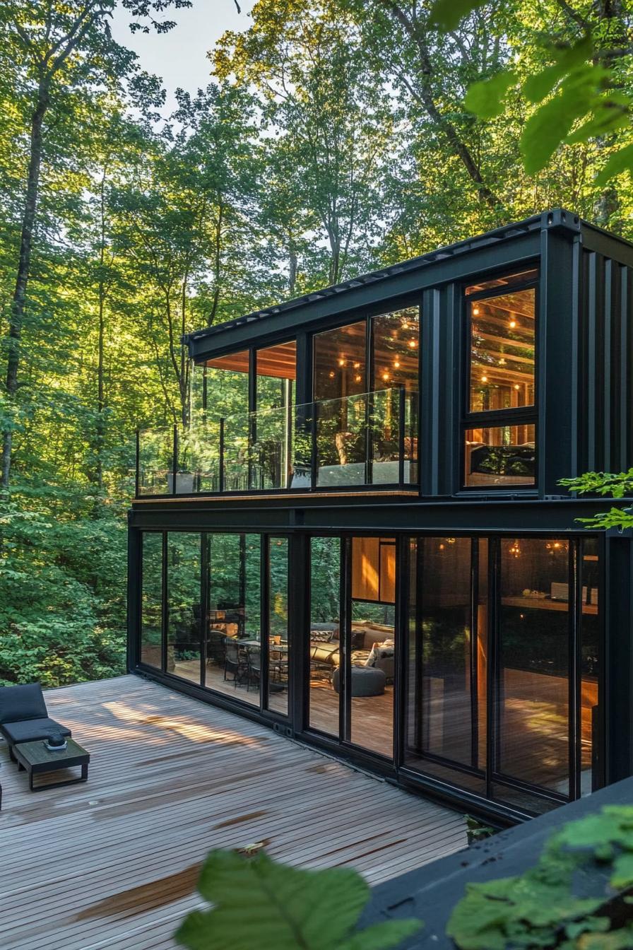 modern shipping container house with wraparound deck in the woods with lush forest views 2