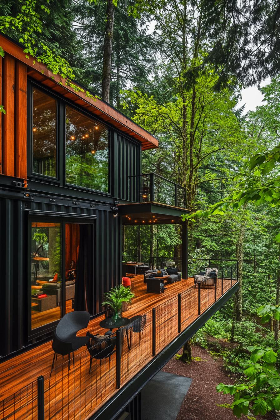 modern shipping container house with wraparound deck in the woods with lush forest views 3