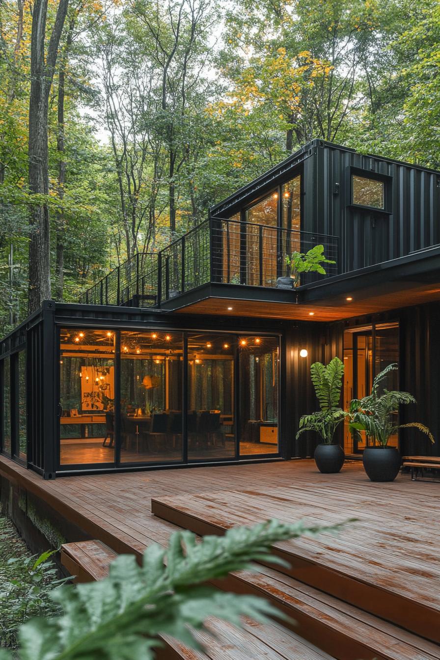 modern shipping container house with wraparound deck in the woods with lush forest views