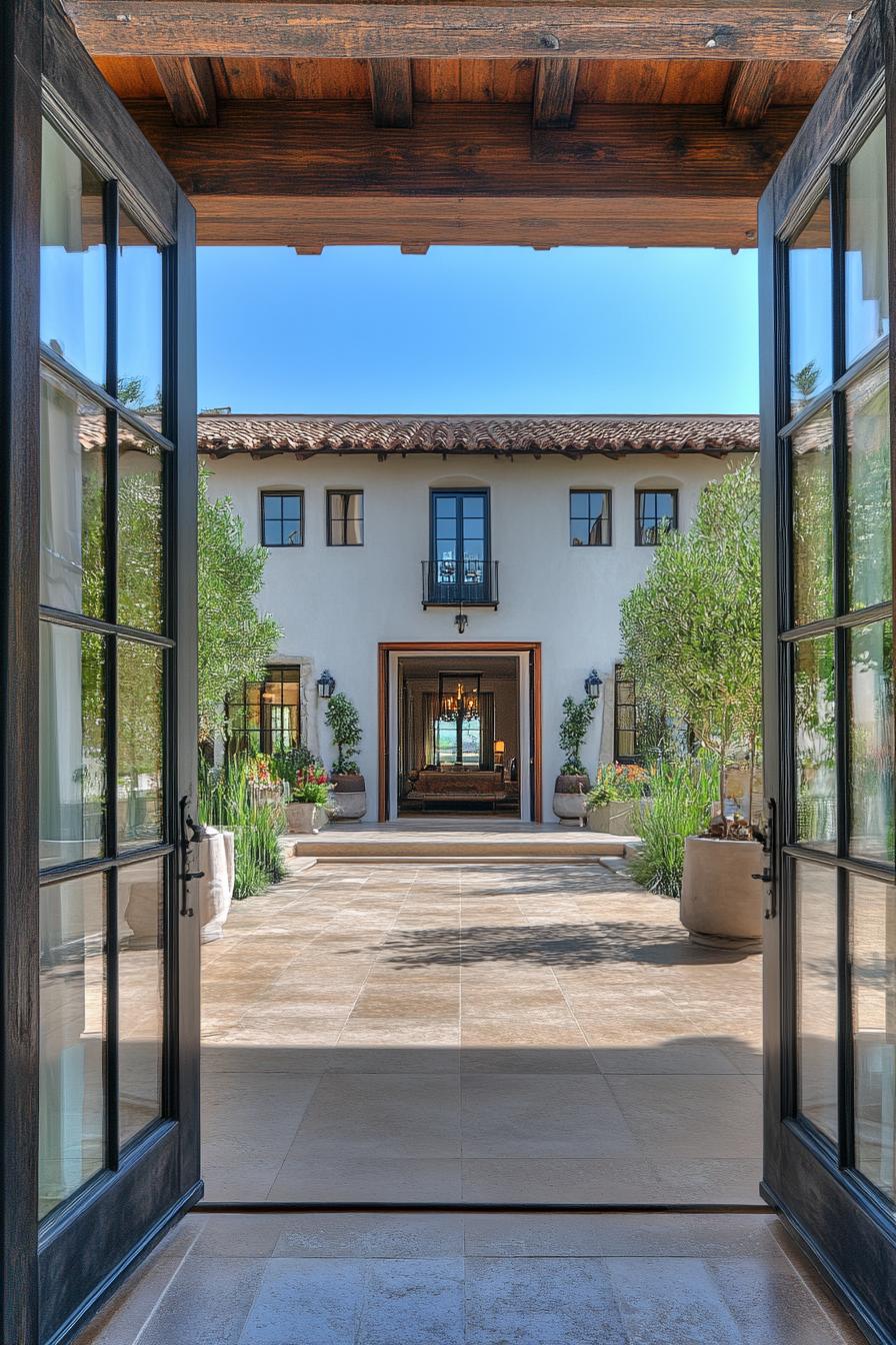 modern spanish villa courtyard French doors 1