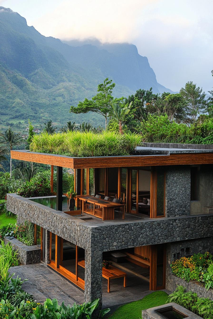 modern stone and timber house with roof garden in tropical Bali mountain landscape 1