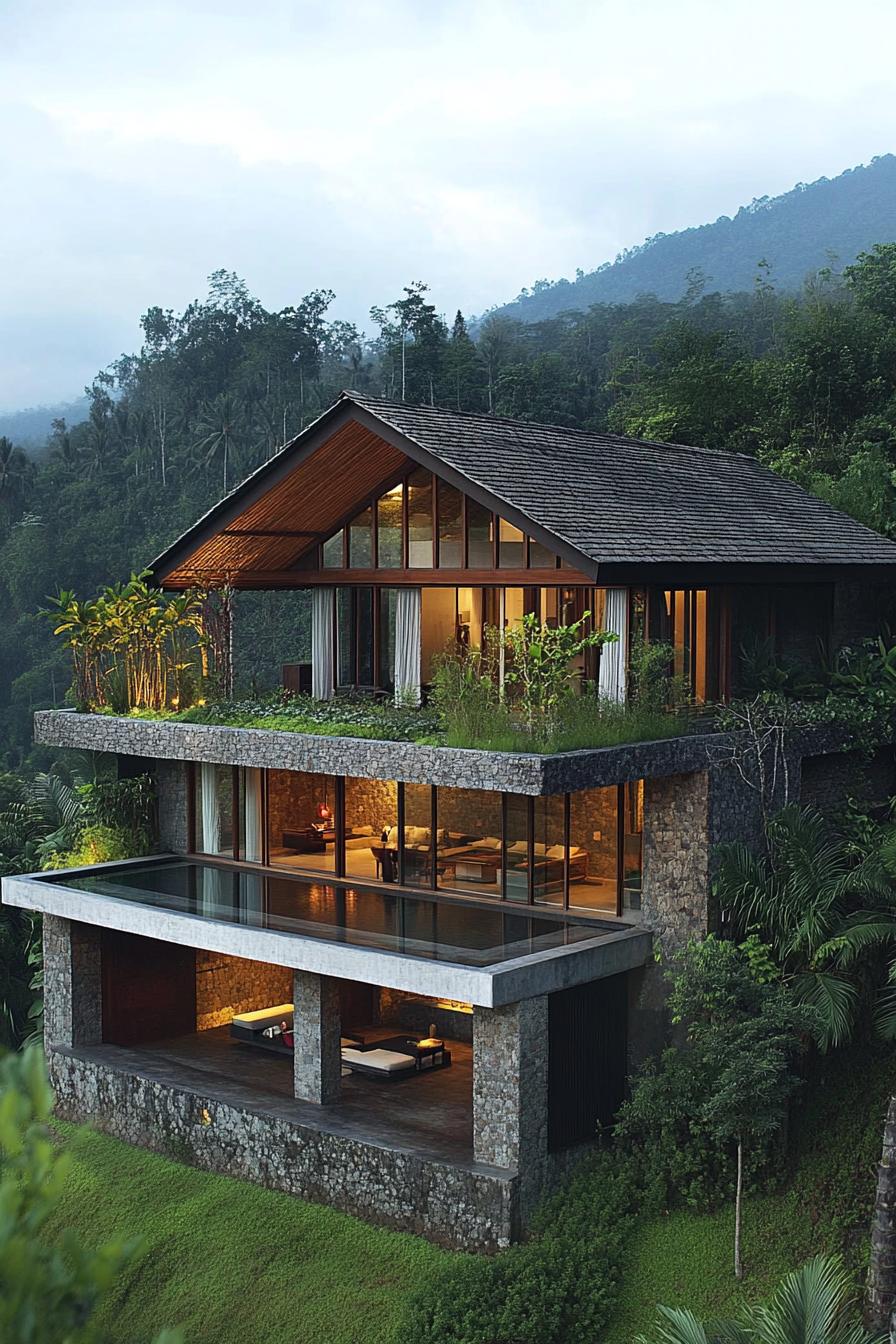 modern stone and timber house with roof garden in tropical Bali mountain landscape 2