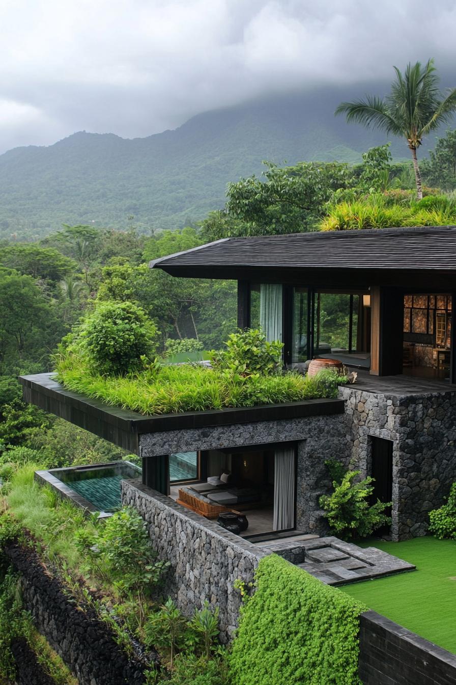 modern stone and timber house with roof garden in tropical Bali mountain landscape 3