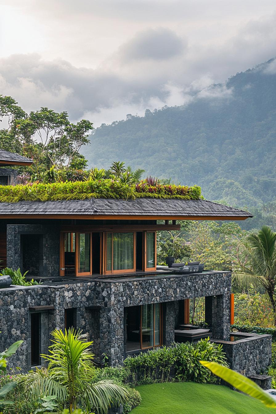 modern stone and timber house with roof garden in tropical Bali mountain landscape