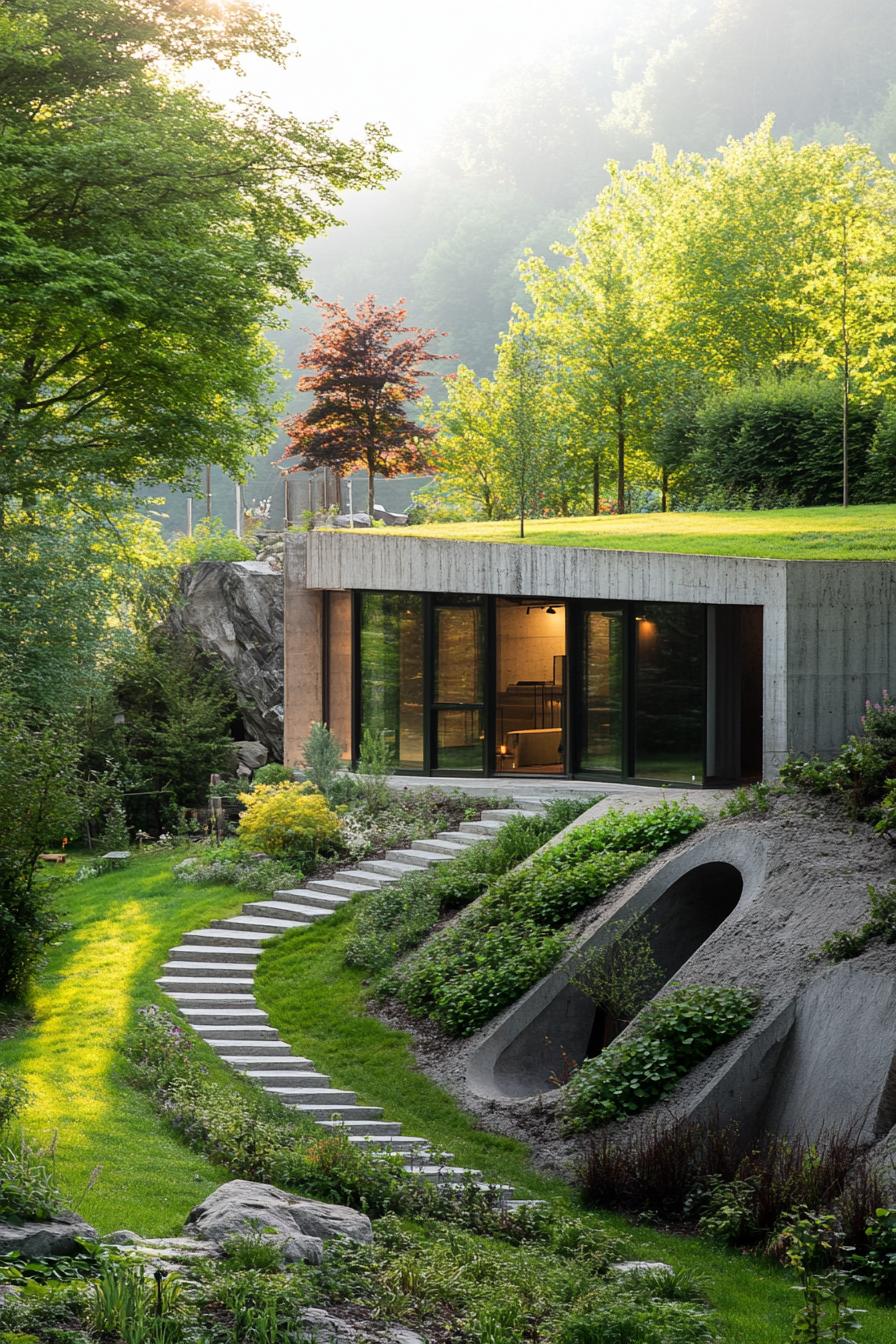 modern underground bunker house in mountain forest with lush garden yard 3