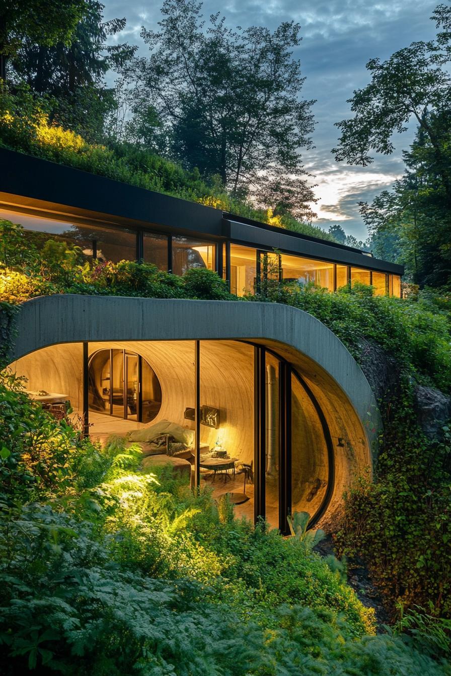 modern underground bunker house in mountain forest with lush garden yard