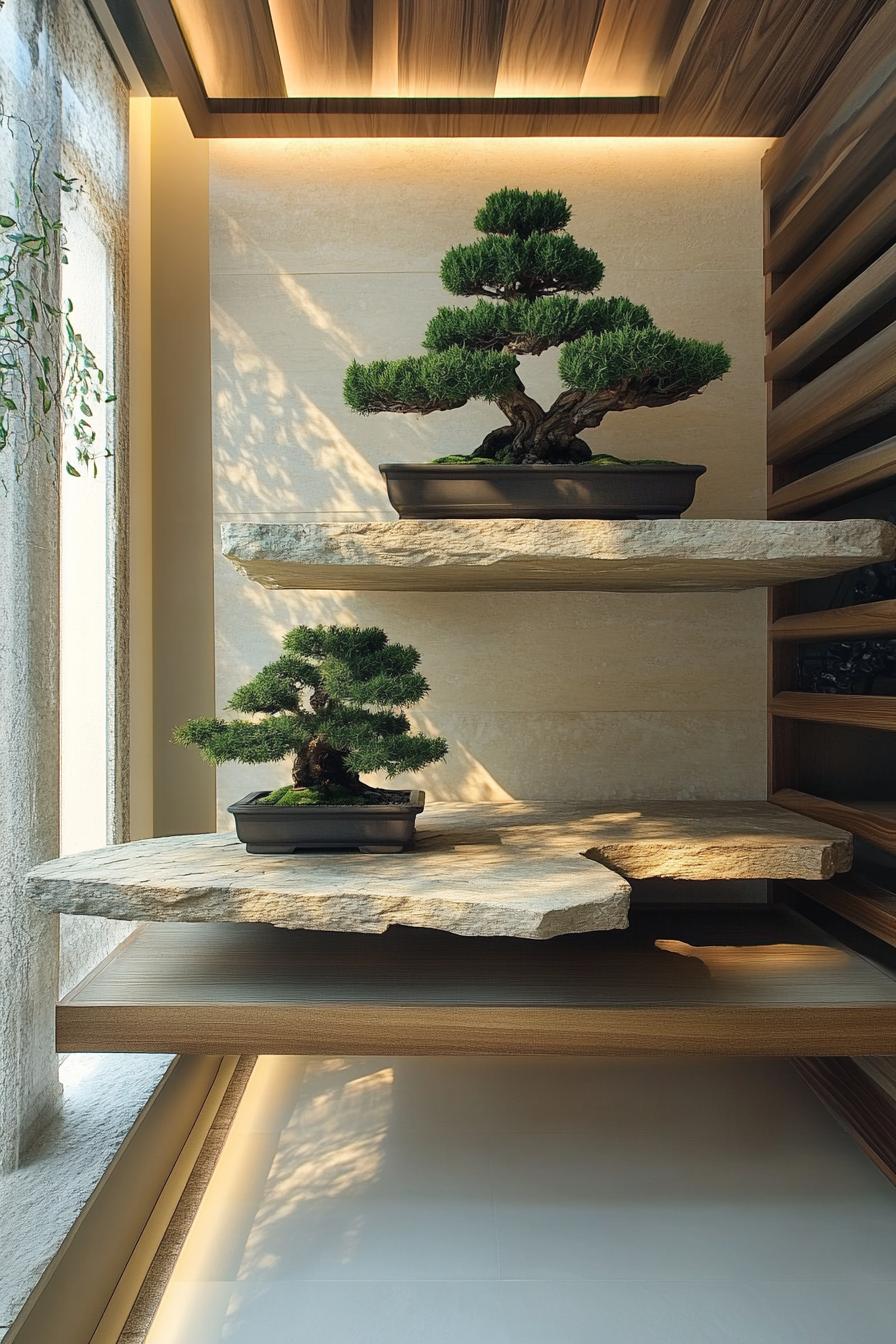 modern zen style home interior shelves with bonsai trees 1