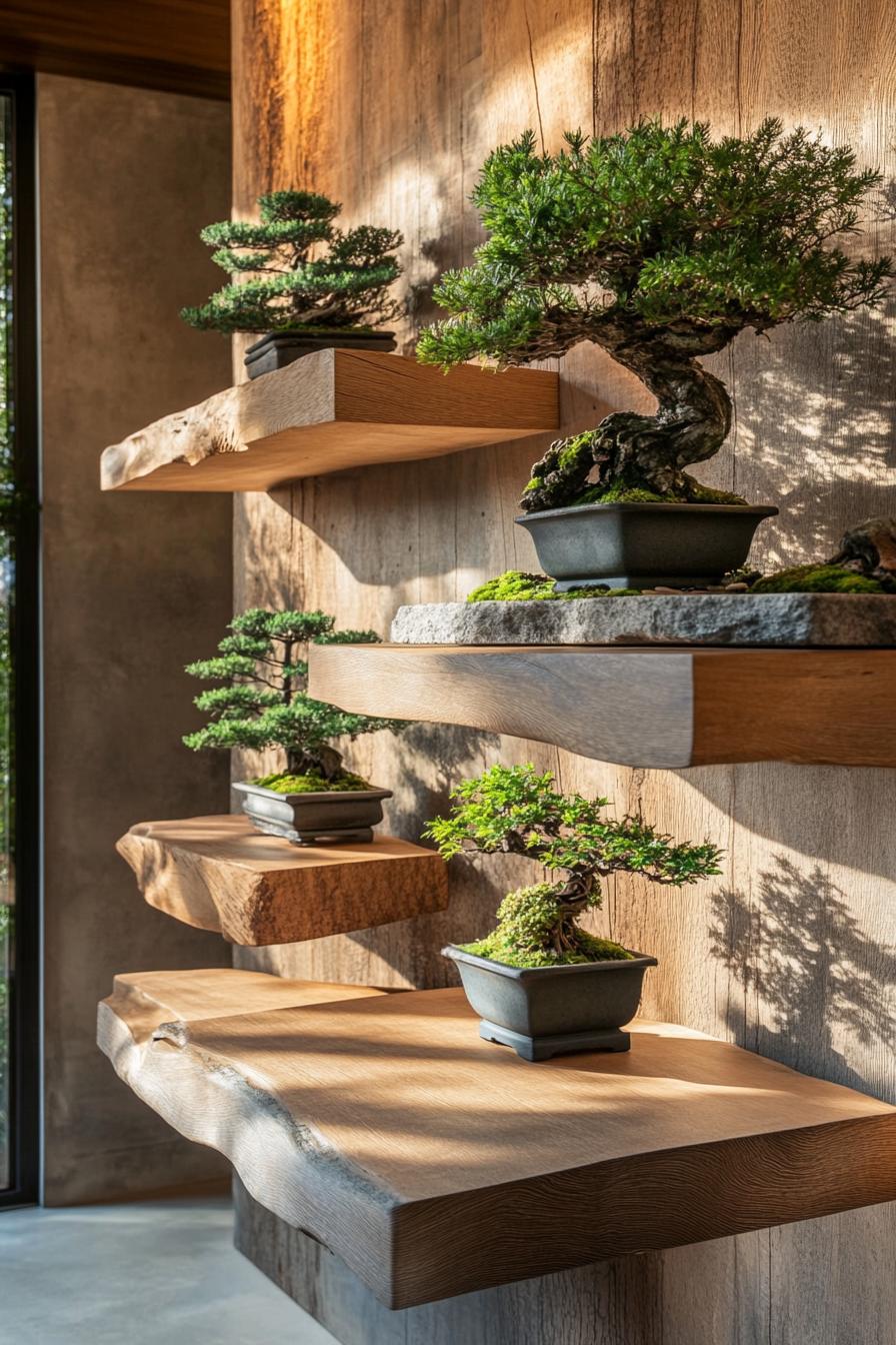 modern zen style home interior shelves with bonsai trees 2