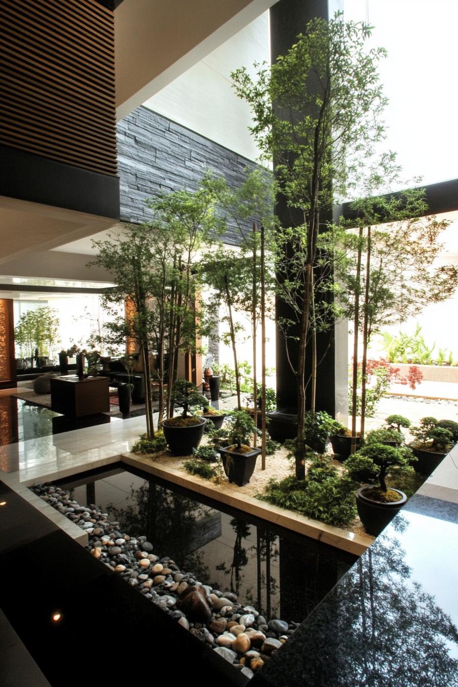 modern zen style home interior shelves with bonsai trees 3