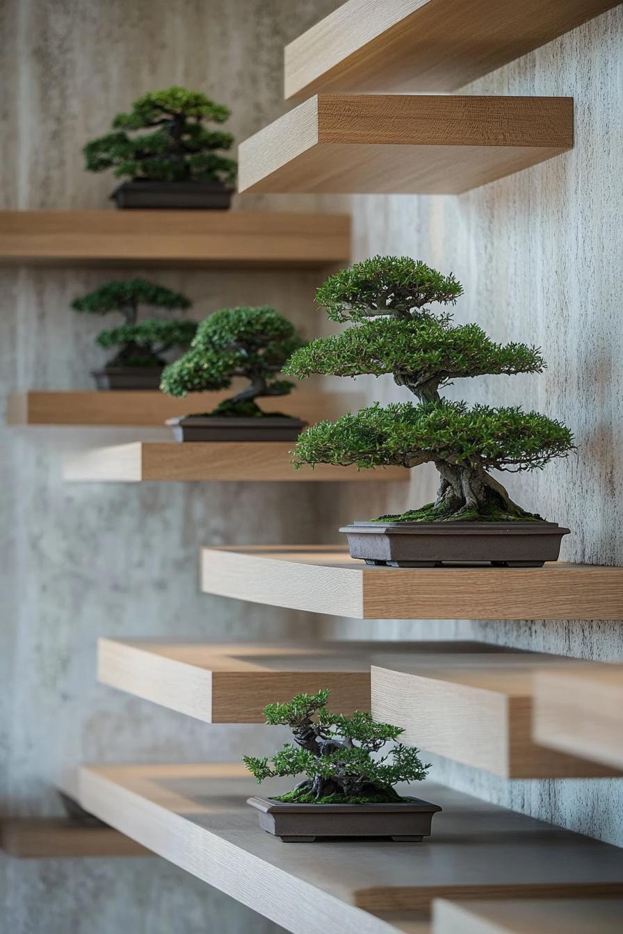 modern zen style home interior shelves with bonsai trees