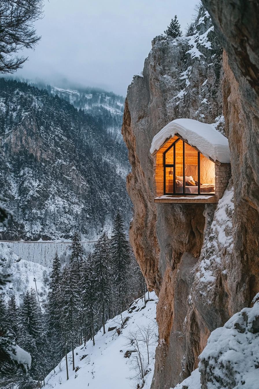 prefab off grid cabin in a mountain cave 2