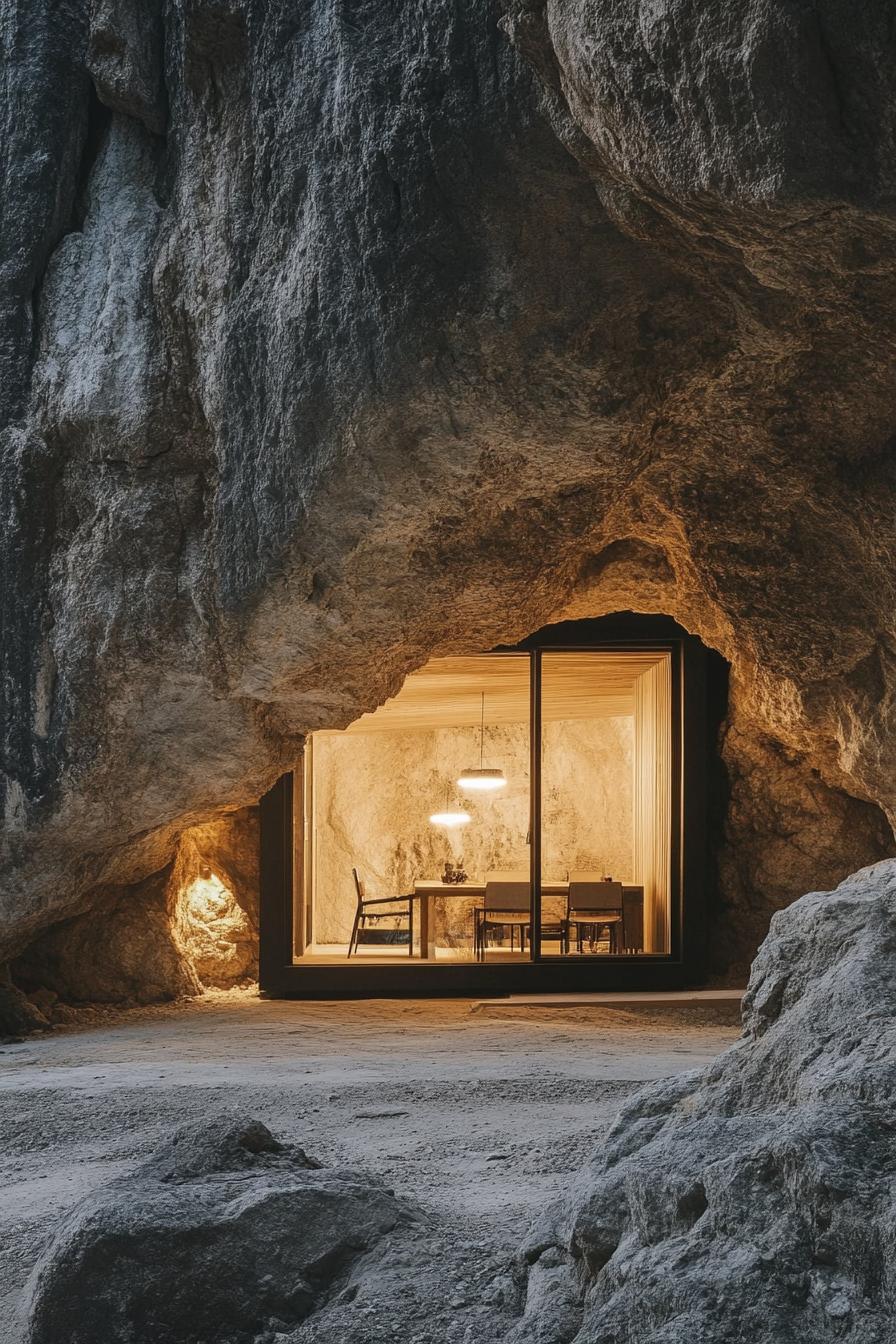 prefab off grid cabin in a mountain cave