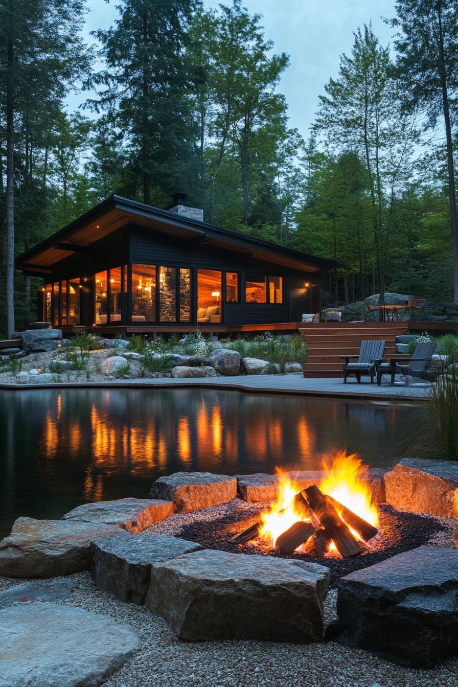 rustic prefab lodge with lakeside fire pit area 1