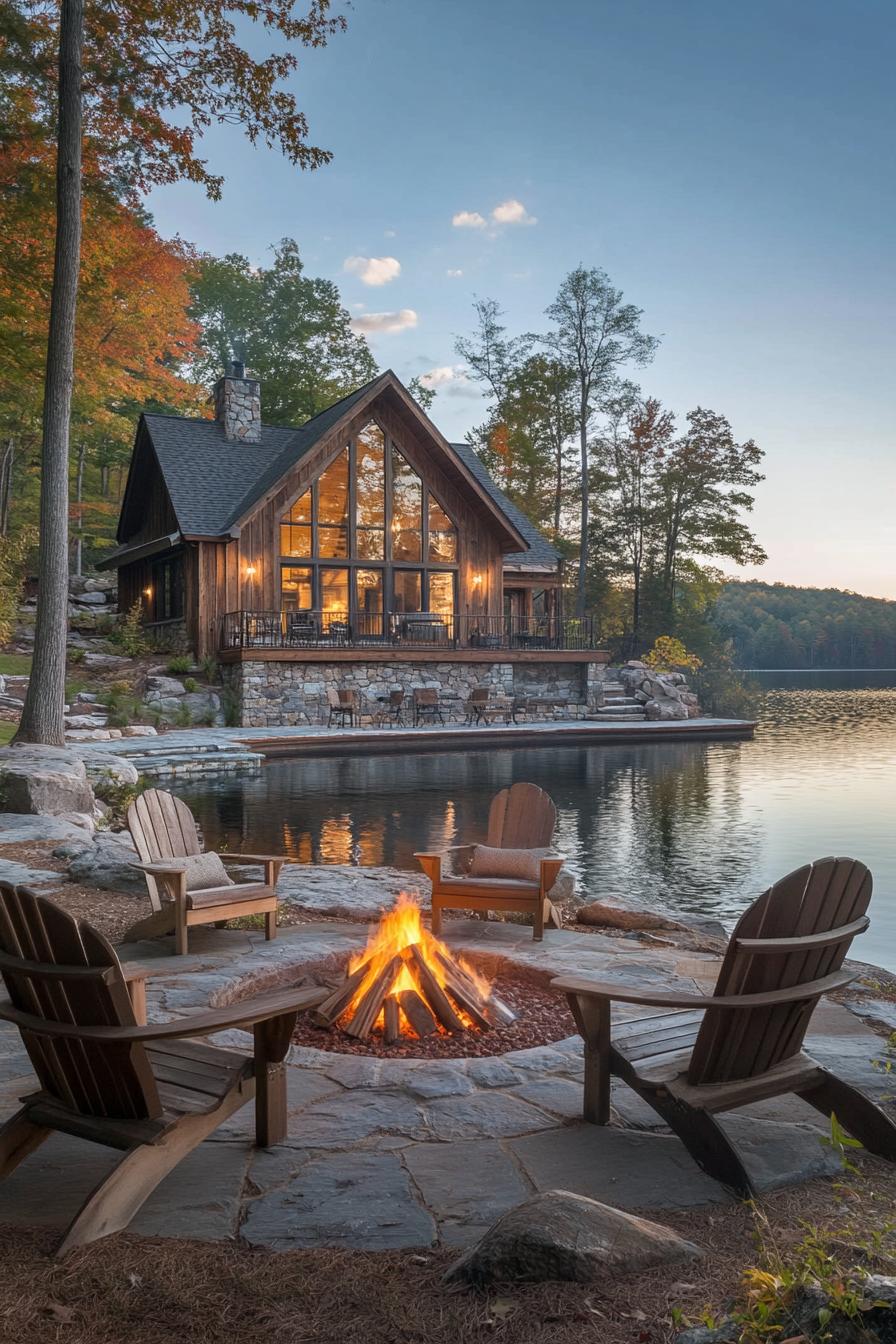 rustic prefab lodge with lakeside fire pit area 2