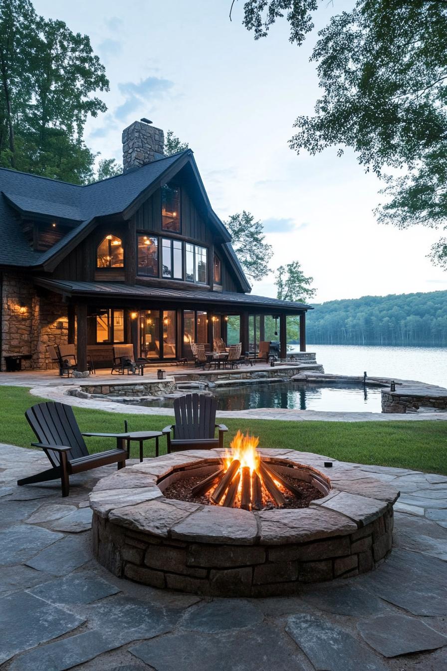 rustic prefab lodge with lakeside fire pit area 3