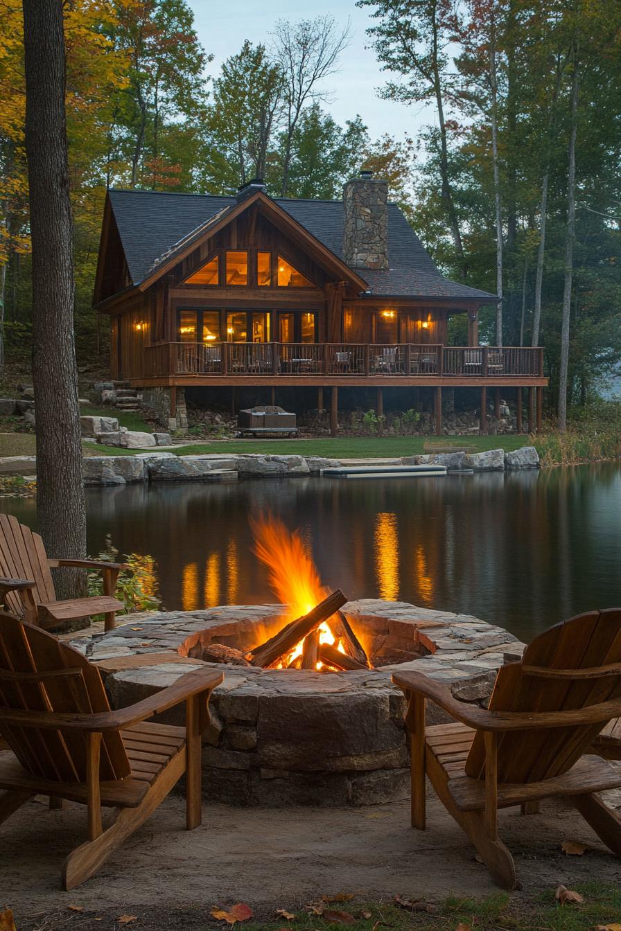 rustic prefab lodge with lakeside fire pit area