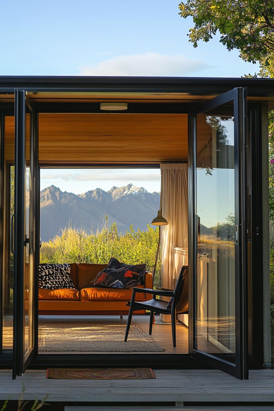 tiny mid century modern prefab cabin with patio connected to inside with glass doors stunning New Zealand mountain views 1