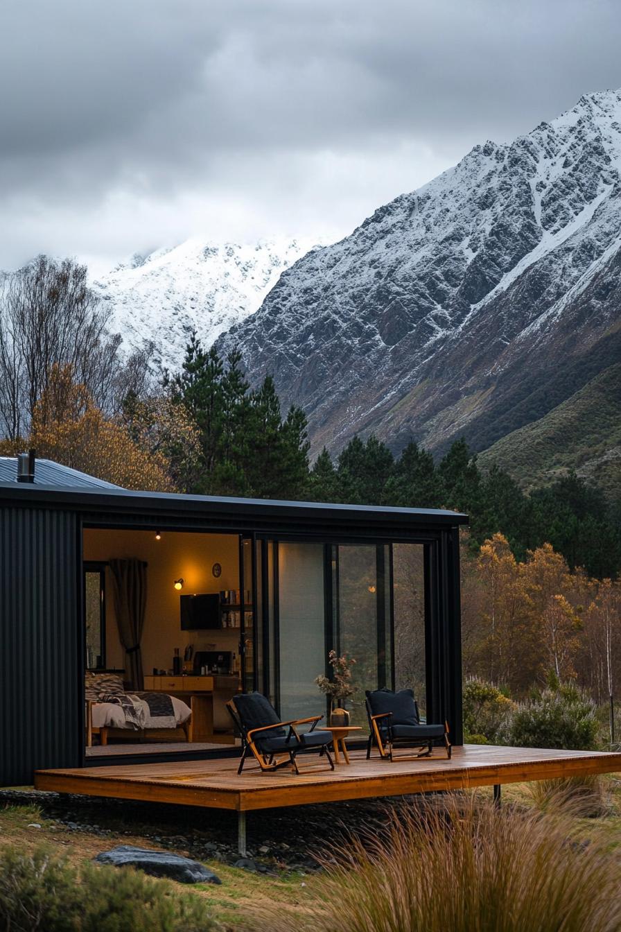 tiny mid century modern prefab cabin with patio connected to inside with glass doors stunning New Zealand mountain views 2