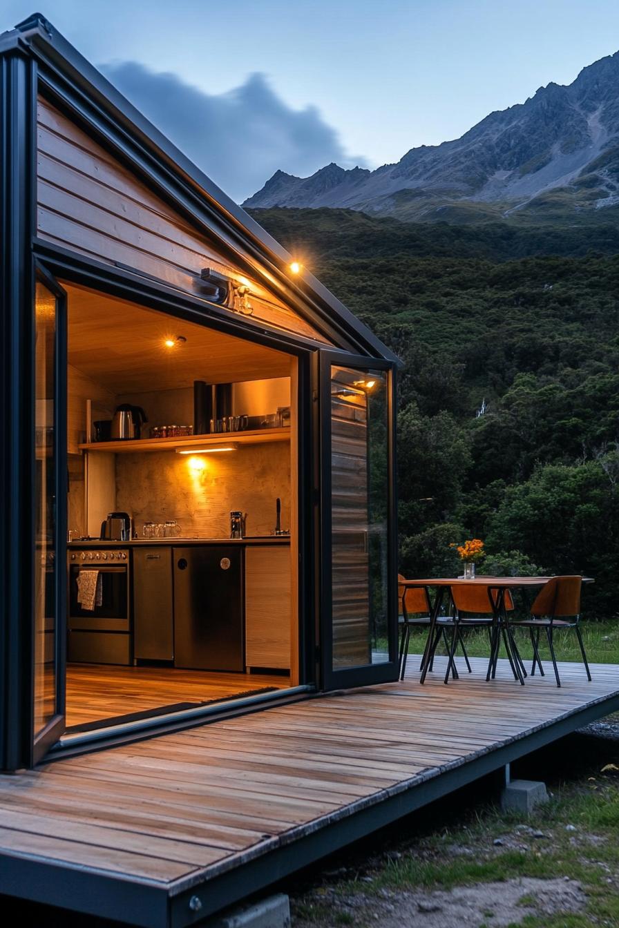 tiny mid century modern prefab cabin with patio connected to inside with glass doors stunning New Zealand mountain views 3