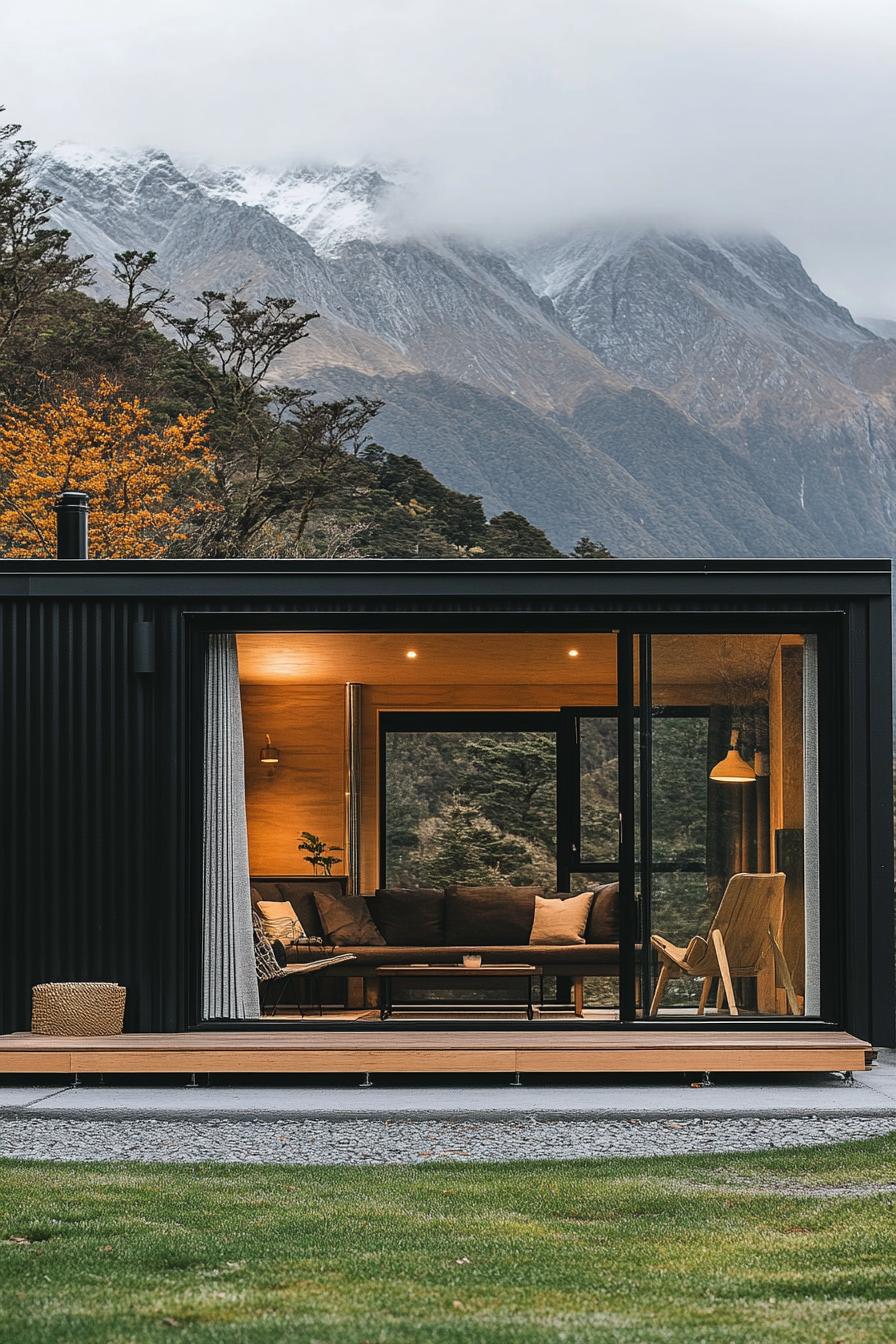 tiny mid century modern prefab cabin with patio connected to inside with glass doors stunning New Zealand mountain views