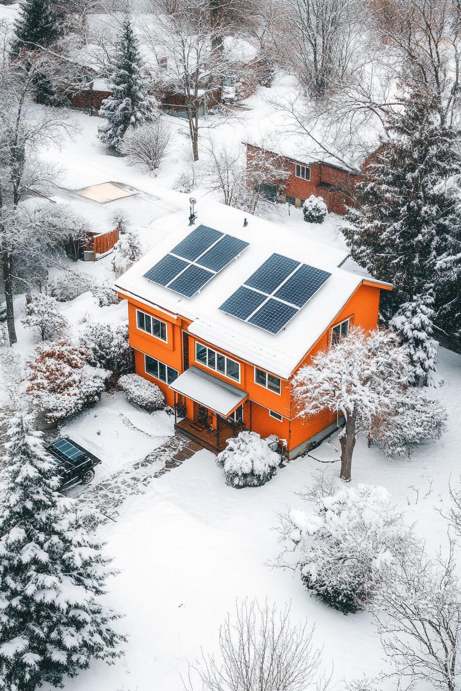 80s house facade modern makover high angle view solar panels on the roof roof painted vibrant hue winter in suburbs 1