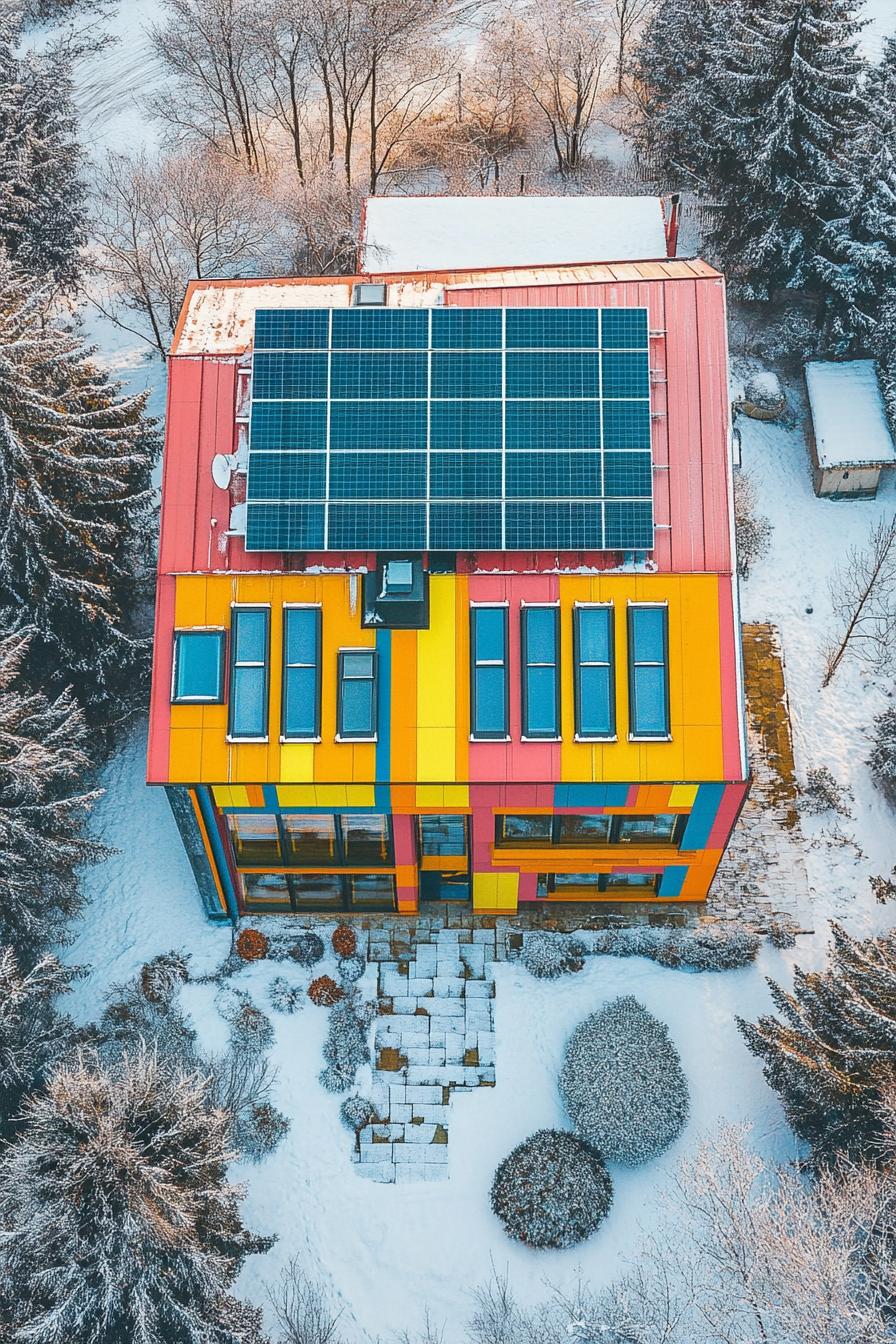 80s house facade modern makover high angle view solar panels on the roof roof painted vibrant hue winter in suburbs 2