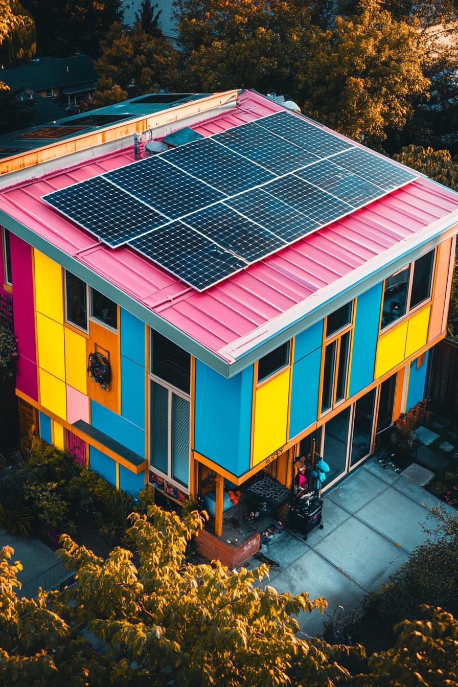 80s house facade modern makover high angle view solar panels on the roof roof painted vibrant hue winter in suburbs 3