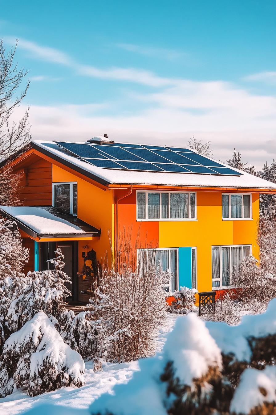 80s house facade modern makover high angle view solar panels on the roof roof painted vibrant hue winter in suburbs