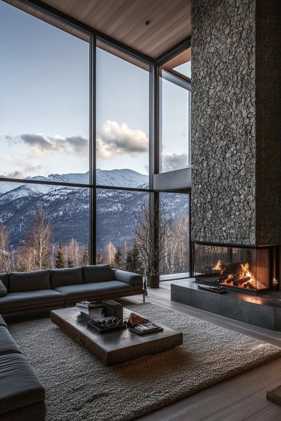 Modern Mountain Home With a Sleek Minimalist Stone Fireplace stunning Scandinavian mountain views through the windows 1