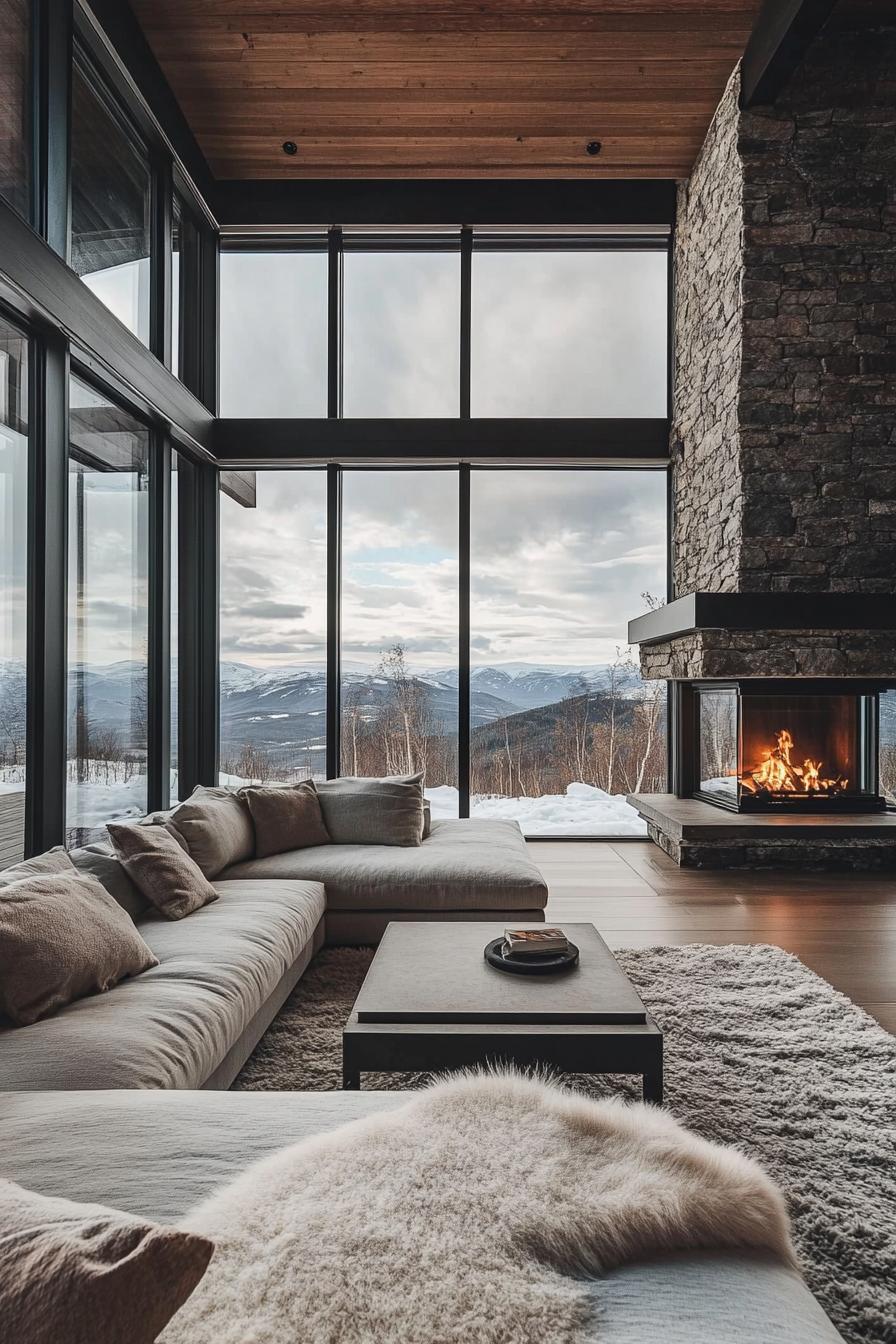 Modern Mountain Home With a Sleek Minimalist Stone Fireplace stunning Scandinavian mountain views through the windows 2