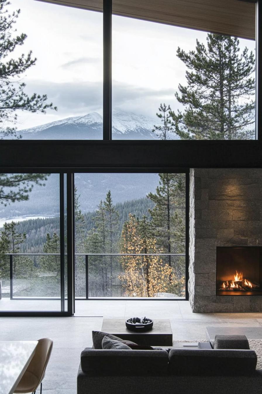 Modern Mountain Home With a Sleek Minimalist Stone Fireplace stunning Scandinavian mountain views through the windows 3