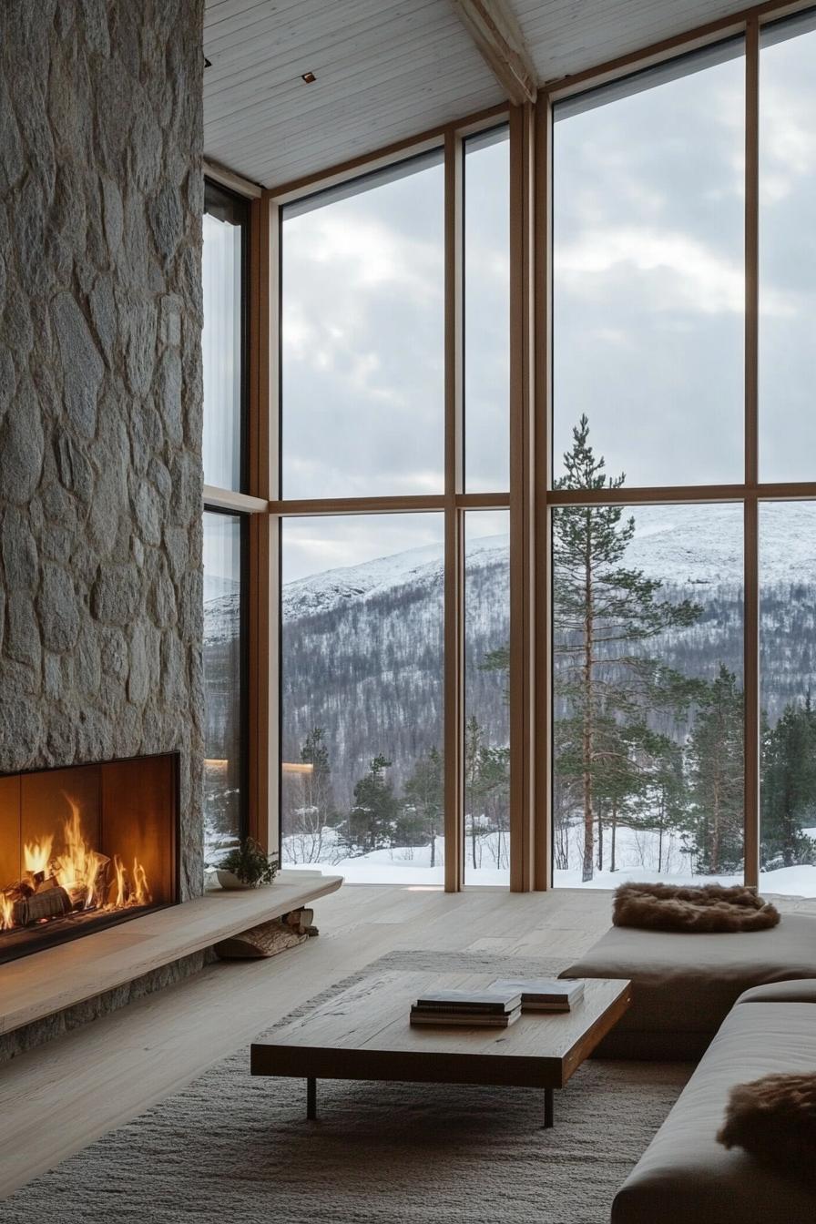 Modern Mountain Home With a Sleek Minimalist Stone Fireplace stunning Scandinavian mountain views through the windows