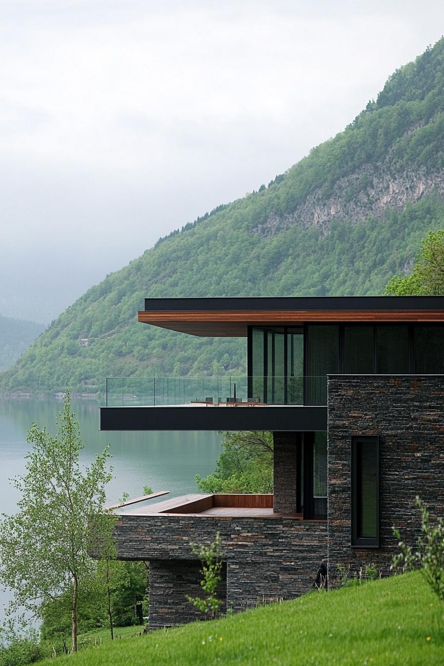 cantilevered steep hill house modern facade overlooking a lake in a green valley 1