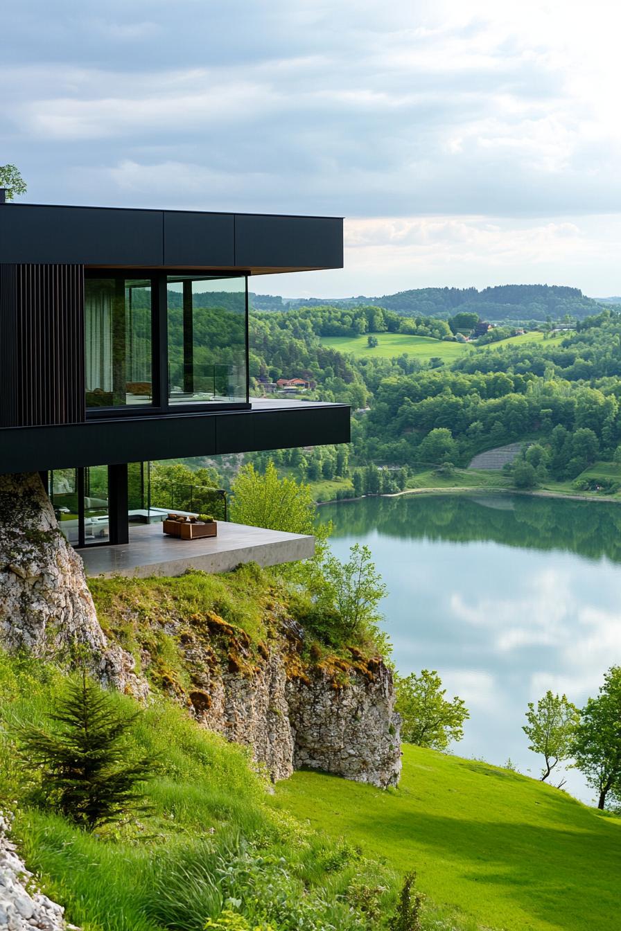 cantilevered steep hill house modern facade overlooking a lake in a green valley 2