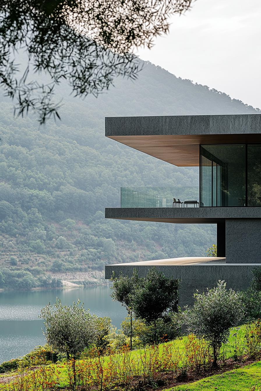 cantilevered steep hill house modern facade overlooking a lake in a green valley 3