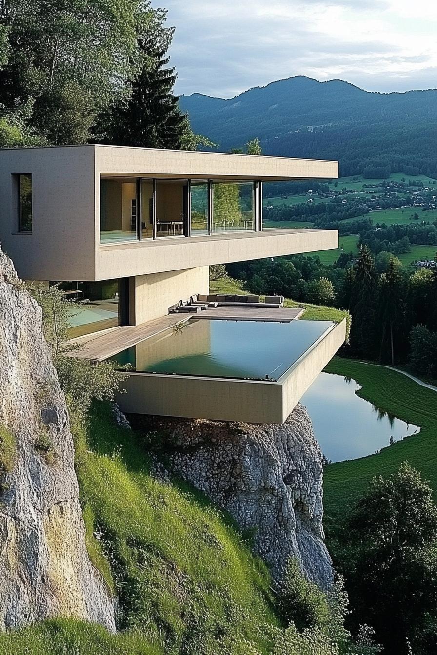 cantilevered steep hill house modern facade overlooking a lake in a green valley