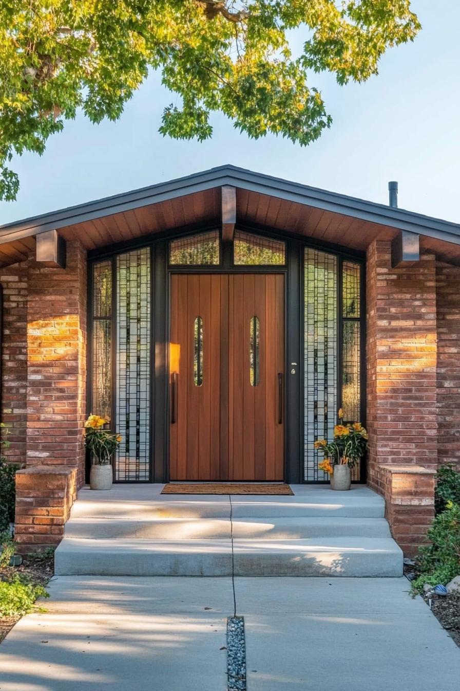 craftsman style mid century modern house massive wooden door with sidelights suburban neighborhood 1