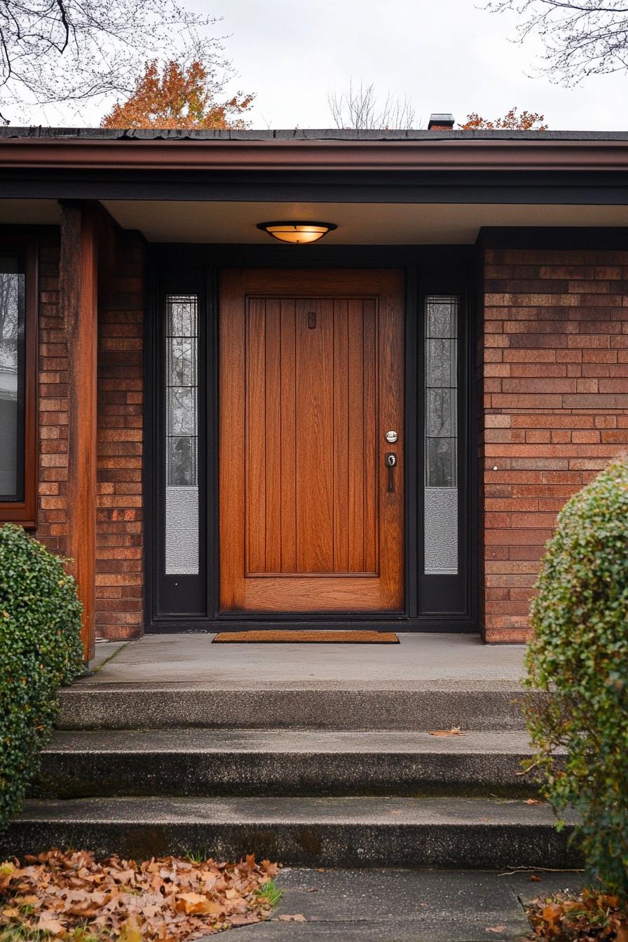 craftsman style mid century modern house massive wooden door with sidelights suburban neighborhood 2