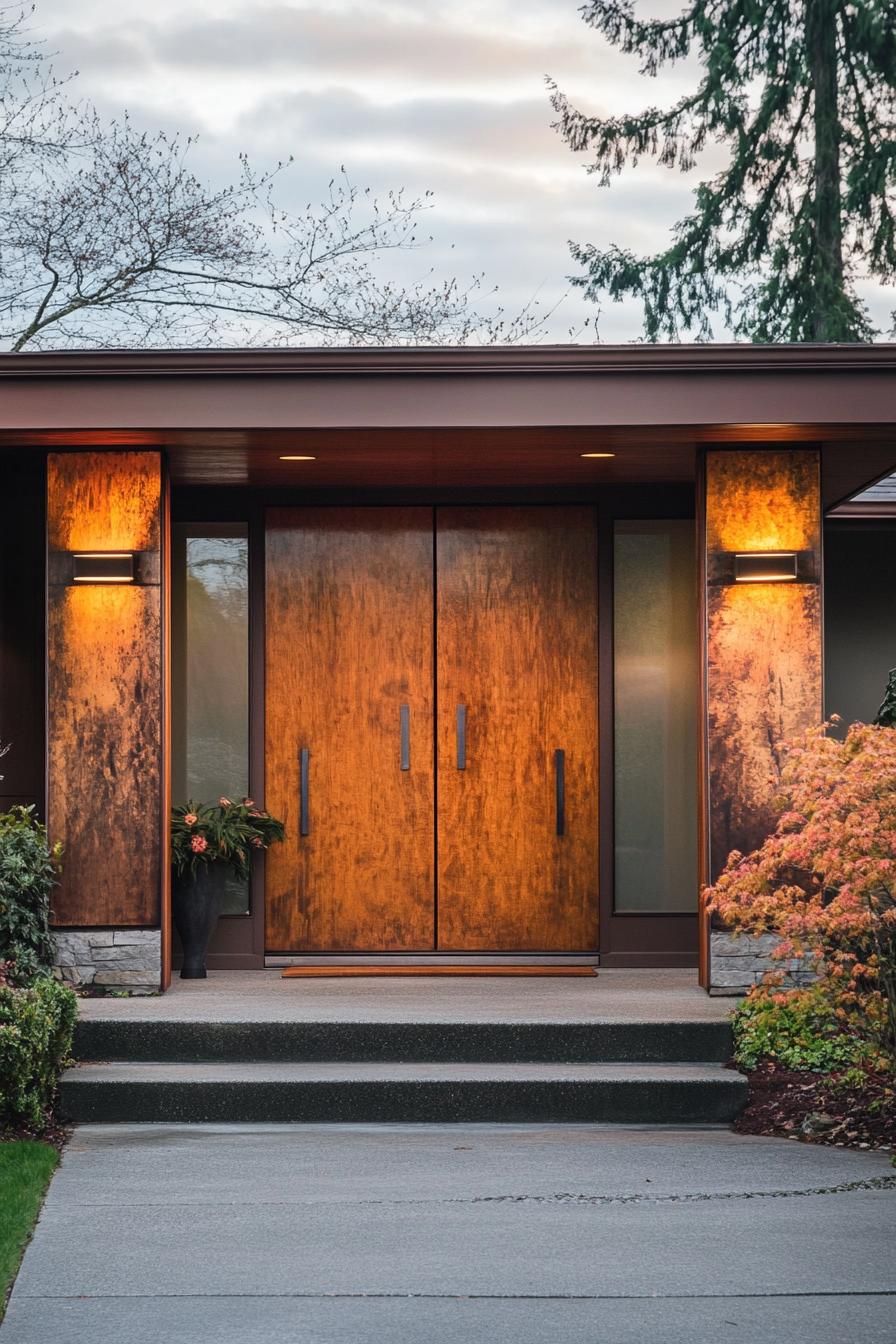 craftsman style mid century modern house massive wooden door with sidelights suburban neighborhood 3