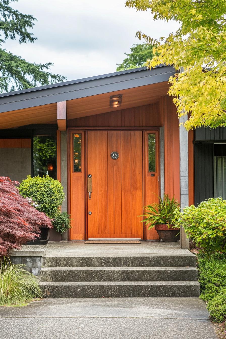 craftsman style mid century modern house massive wooden door with sidelights suburban neighborhood